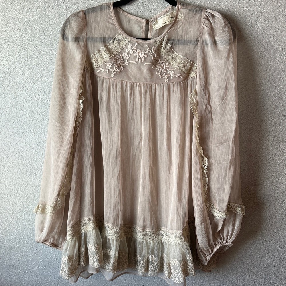 A’reve Tan Ruffled Embroidered Lace Blouse S